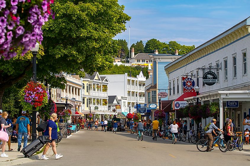 A busy day in downtown Mackinac Island, Michigan.