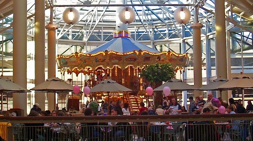 The carousel in the food court at Danbury Fair Mall in Danbury, Connecticut, recalling the property's past as fairground. 