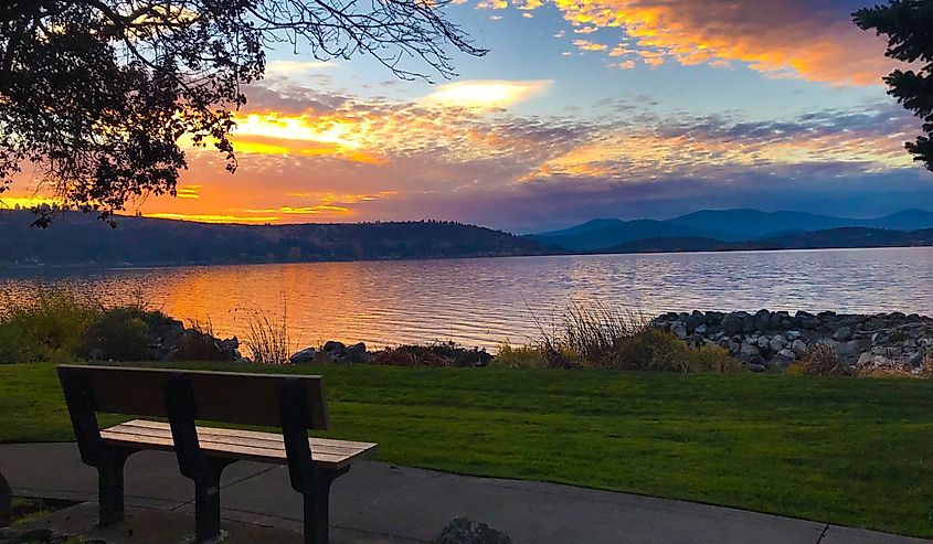 Klamath Falls, Oregon at dusk with bench