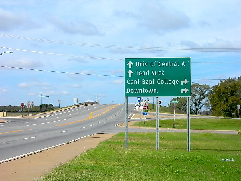Roadside sign for Toad Suck, Arkansas.