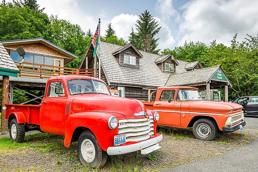 Red pick up trucks from the Twilight series. The town was the setting for the films.