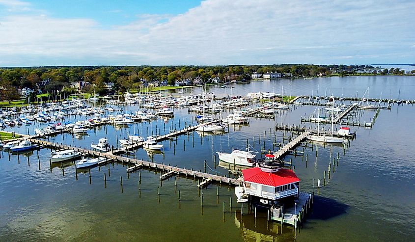 Aerial view of Cambridge Maryland Lighthouse and Marina.