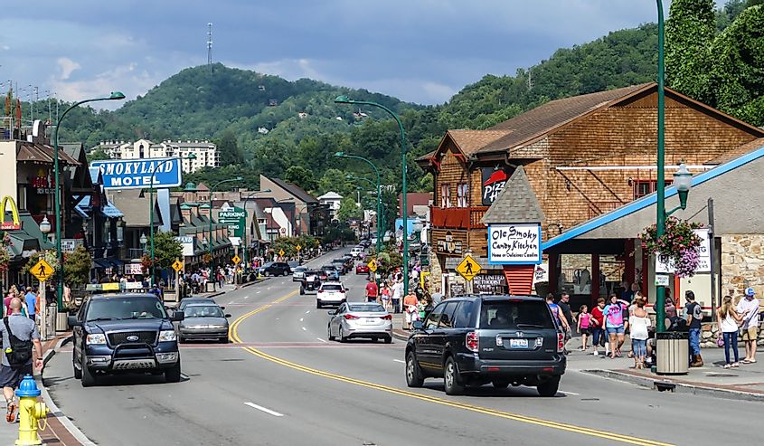 Busy street in Summer time with tourist and cars in Gatlinburg, Tennessee