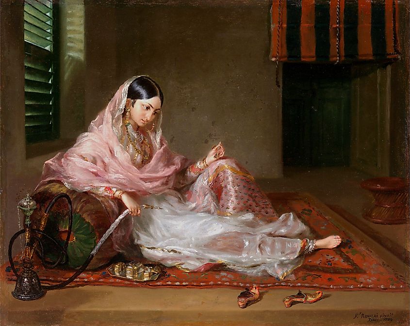 A woman in Bengal region in the eastern part of the Indian subcontinent, clad in fine Bengali muslin, 18th century.
