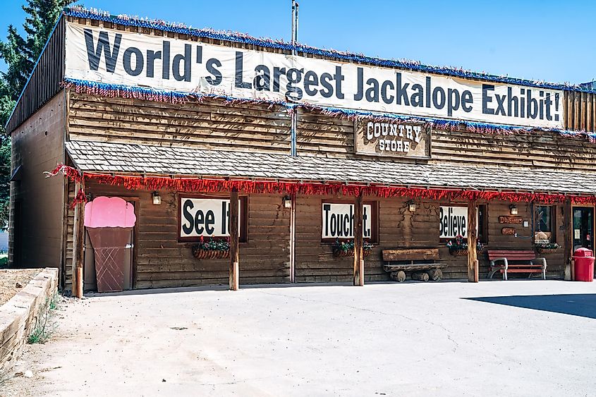 Exterior of the Country Store Travel Stop gas station, with the famous Worlds Largest Jackalope and selling gifts and ice cream in Dubois, Wyoming, via melissamn / Shutterstock.com