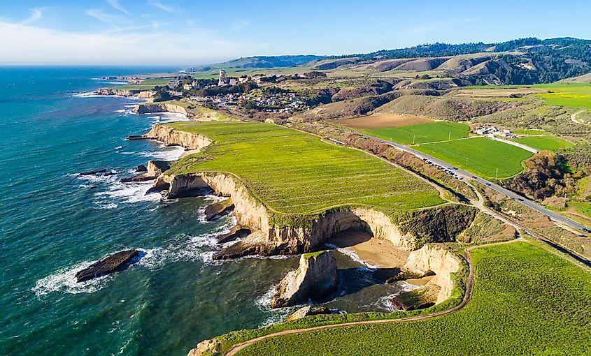 Aerial view of Shark Fin Cove in Davenport, California