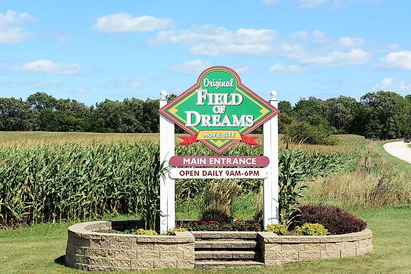 A sign in Dyersville, Iowa marking the filming site of the movie, The Field of Dreams. Editorial credit: Steve Cukrov / Shutterstock.com