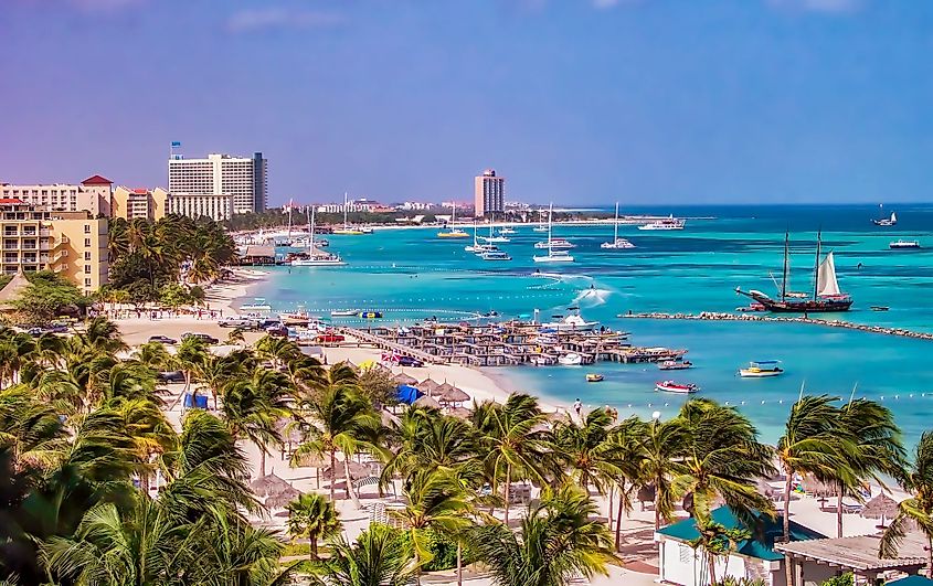 View of the beautiful Palm Beach in the Caribbean island of Aruba