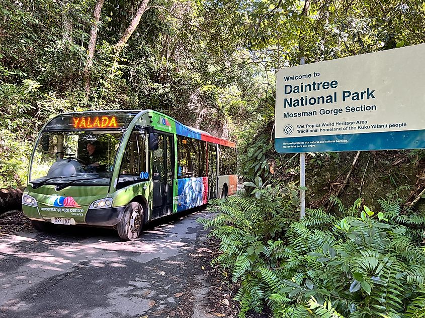 Tourists on a bus at the Mossman Gorge in Daintree National Park, Queensland, Australia