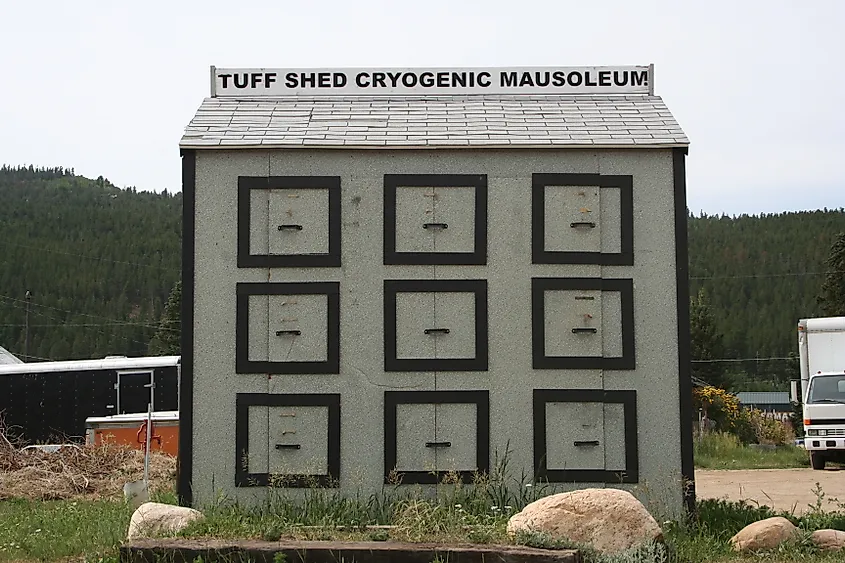 A Tuff Shed Mausoleum sculpture from Frozen Dead Guy Days.