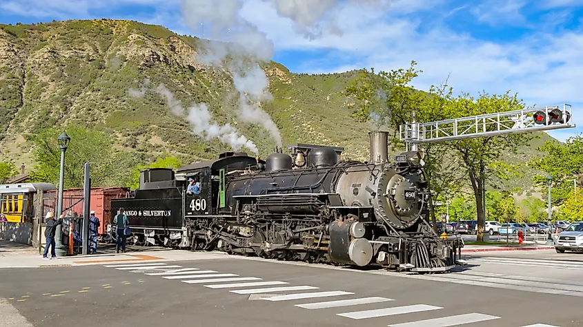 Vintage steam engine on the Durango and Silverton narrow gauge railway in Durango, Colorado
