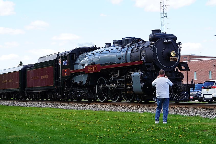 Tomah, Wisconsin USA - May 5th, 2024: Canadian Pacific 2816 Empress locomotive steam train engine traveled through Wisconsin during the Final Spike event.  