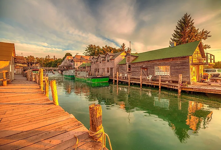 Sunset over Fishtown in Leland, Michigan.