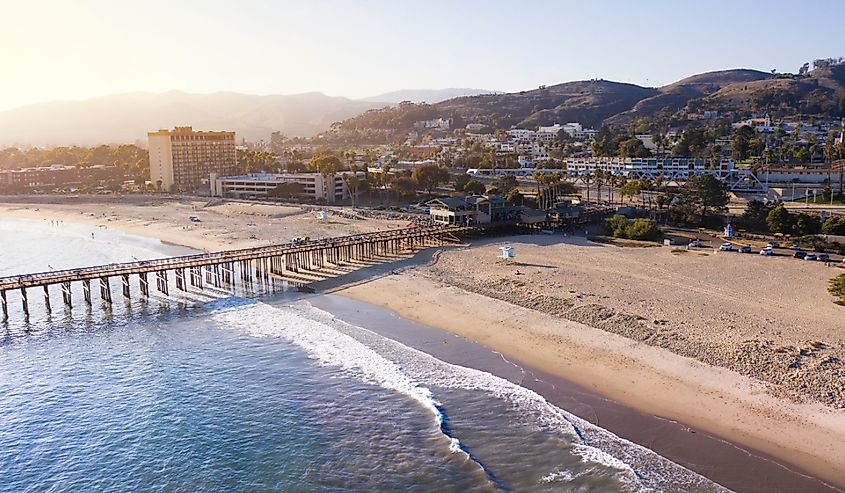 Aerial view of downtown Ventura, California and the coast of San Buenaventura State Beach