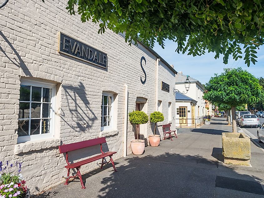 Old buildings in Russell Street, in the historic town of Evandale in Tasmania, Australia