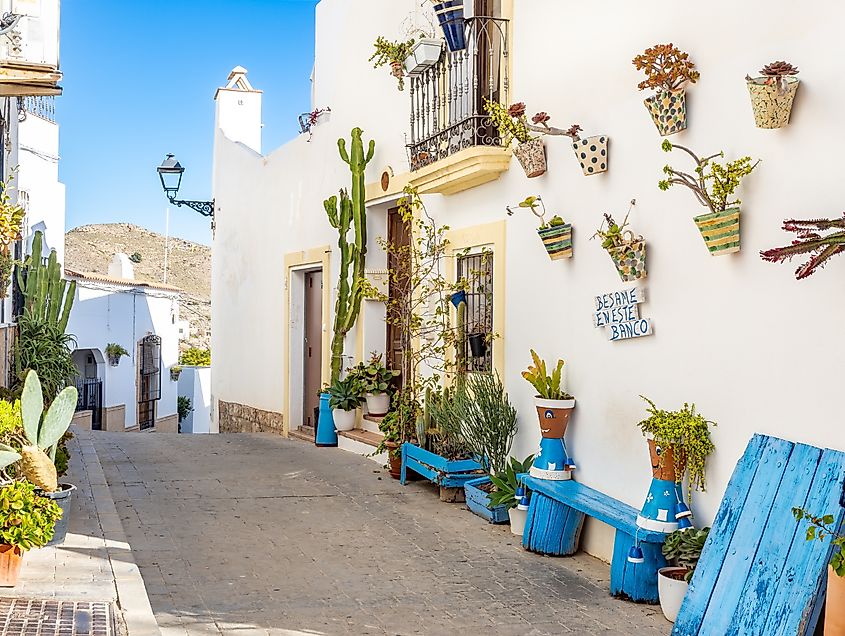 Pedestrian streets in Mojacar old town in Almeria, Andalusia, Spain