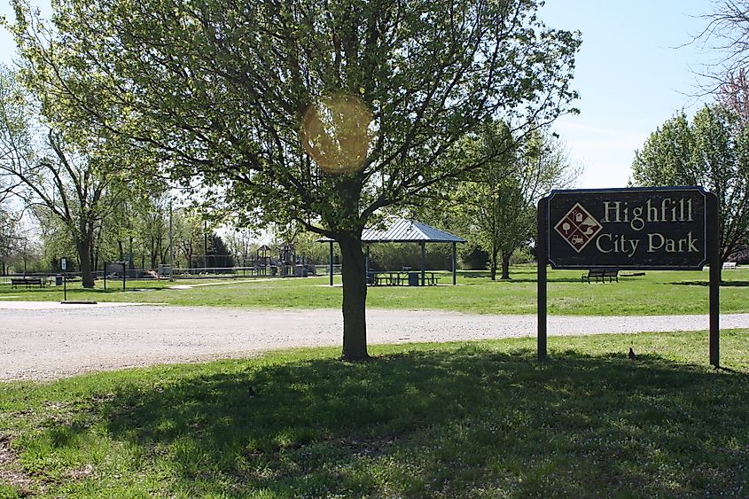 Highfill City Park in Highfill, Arkansas, with a picnic pavilion and playground.