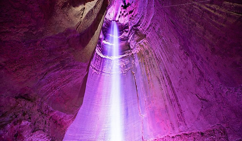 pink waterfall inside cavern, Ruby Falls