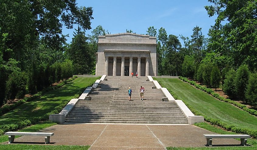Hodgenville, Kentucky / United States: 02 July 2009: The First Lincoln Memorial for 16th President Abraham Lincoln showing humble beginnings. Enshrines symbolic birthplace cabin. Constructed 1911.