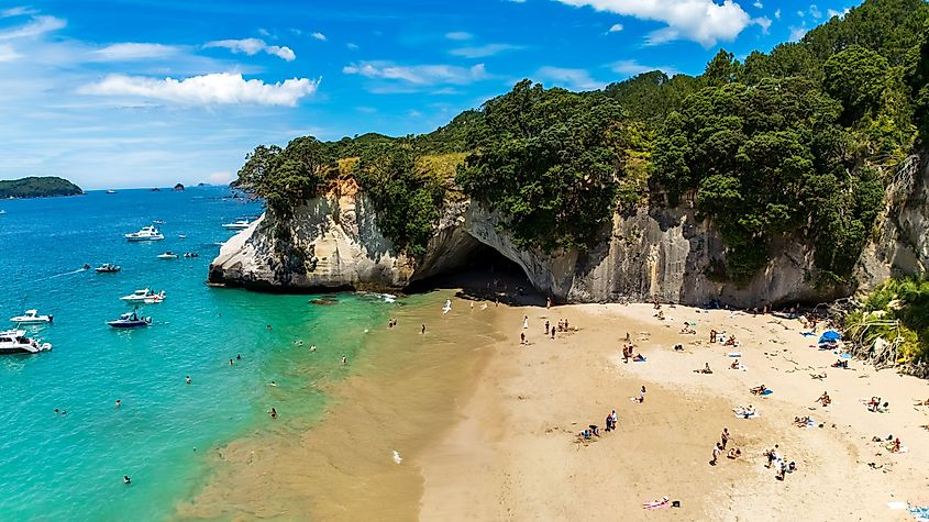 Aerial View of Cathedral Cove Beach, New Zealand.