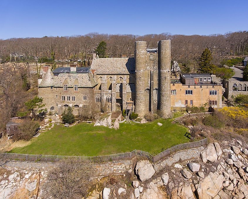 Aerial view of Hammond Castle in village of Magnolia in the city of Gloucester, Massachusetts