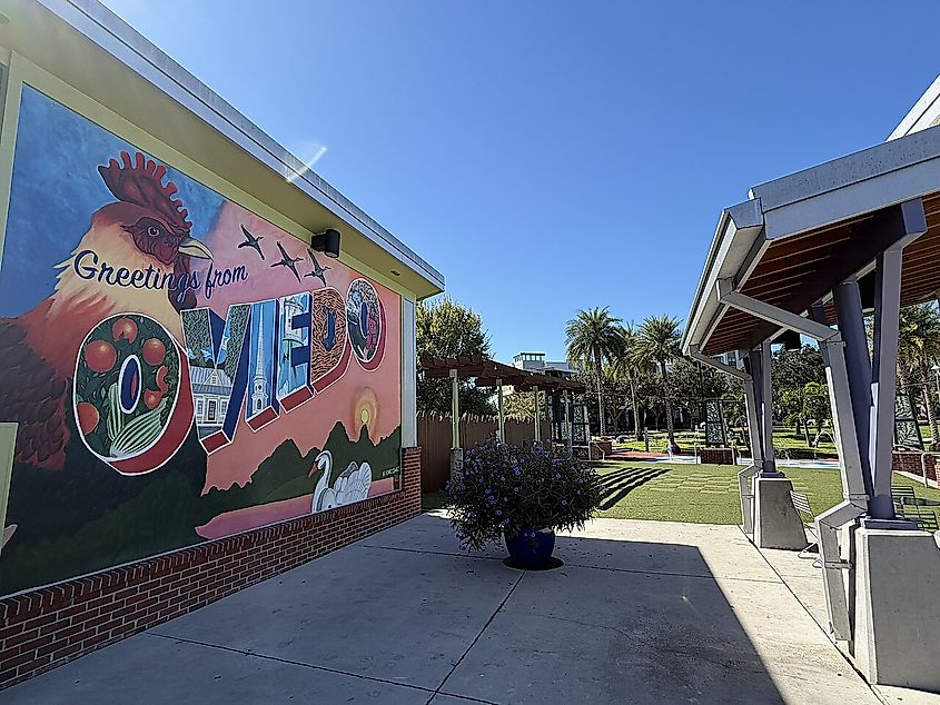 Greetings from Oviedo mural at Oviedo on the Park, Oviedo, Florida.