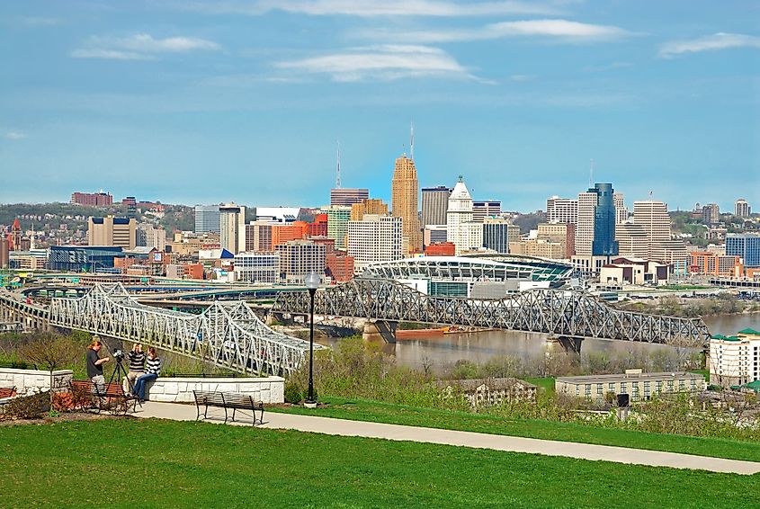 Aerial view of downtown Cincinnati and the bridges crossing the Ohio River from Kentucky to Ohio from Devou Park