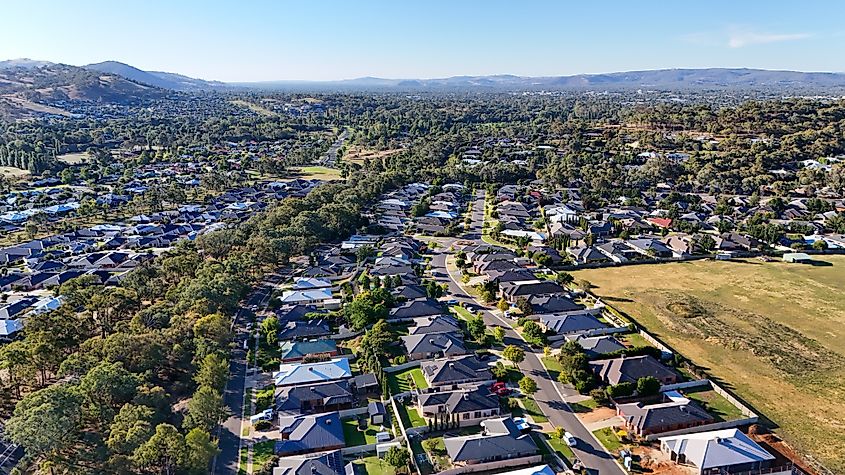 Aerial views of the regional city of Wodonga, Victoria.