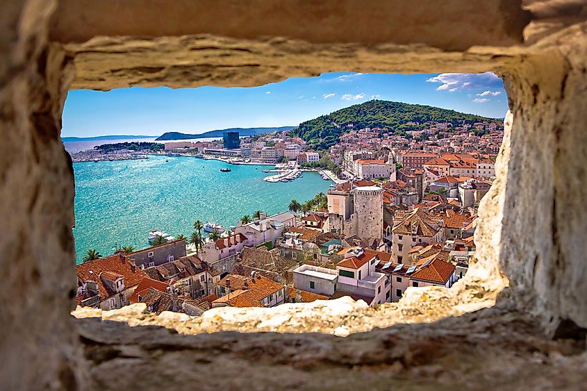 Spectacular view of Split through a stone window.