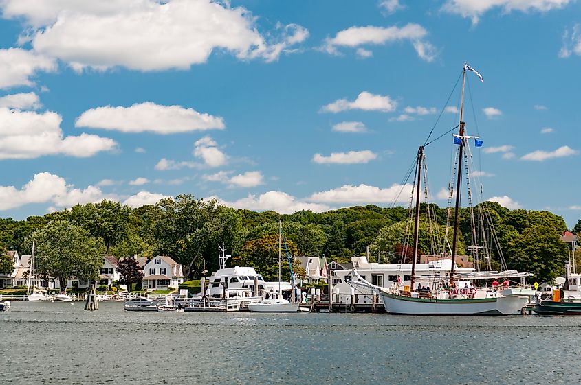 White boats along the dock in Mystic, Connecticut.