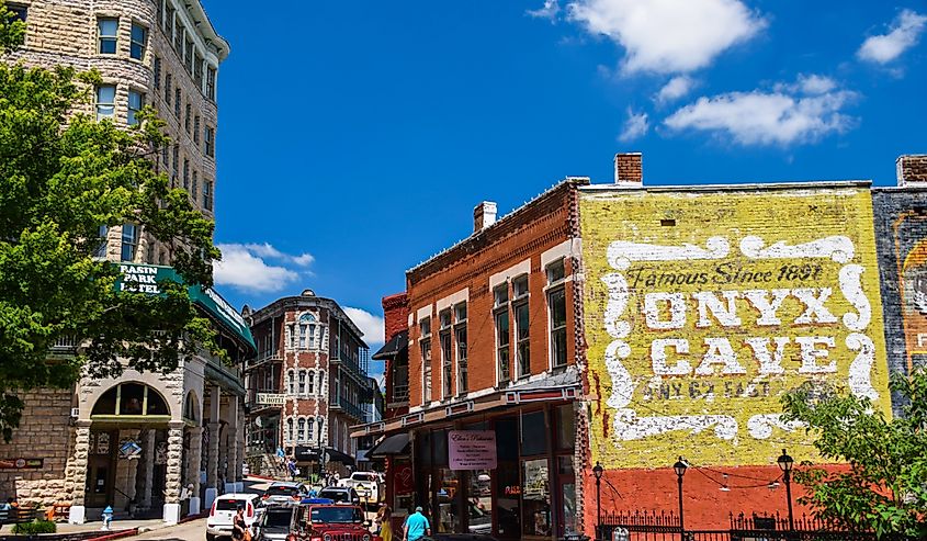 Historic downtown Eureka Springs, AR, with boutique shops and famous buildings.