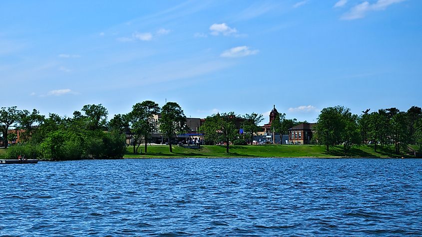 Bemidji, Minnesota - downtown from a boat on Lake Bemidji on a sunny day.