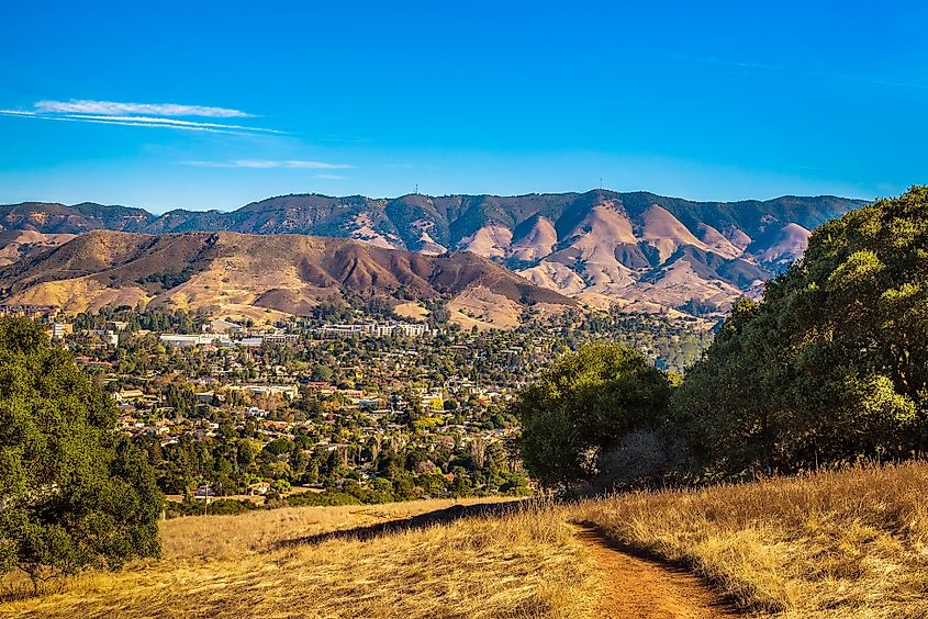 Aerial view of San Luis Obispo in California from the hiking trail to Cerro Peak. 