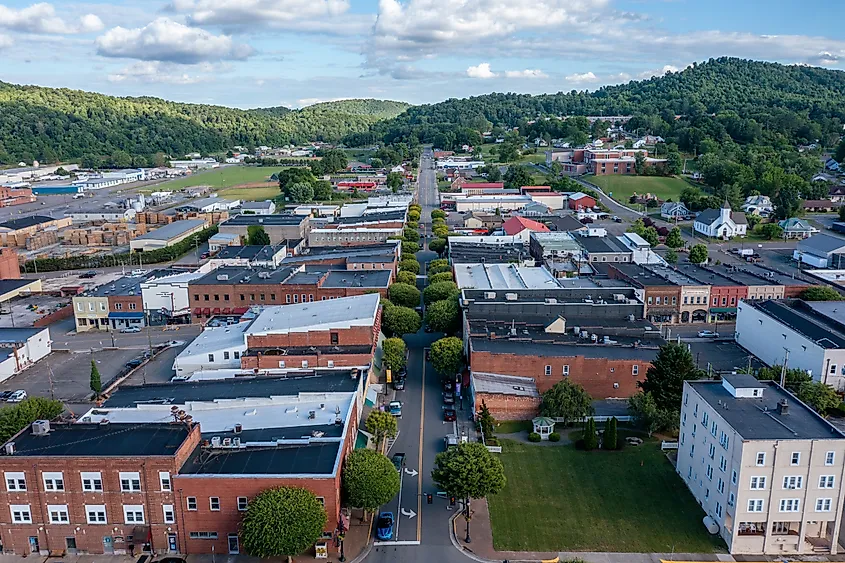 Main Street in Galax, Virginia, with the Blue Ridge beyond.