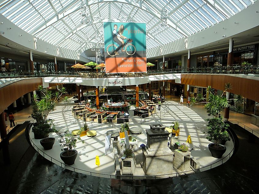 View of the atrium of the Natick Collection Shopping Mall and the Wasabi Japanese Restaurant