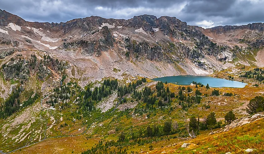 Aerial view of Lake Solitude and the mountains as seen from Paintbrush Divide