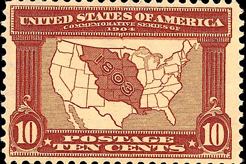 stamp of the Louisiana Purchase with a map