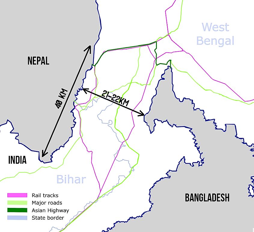 The Siliguri Corridor narrows between Nepal, Bhutan, and Bangladesh as it links mainland India to the Northeast.