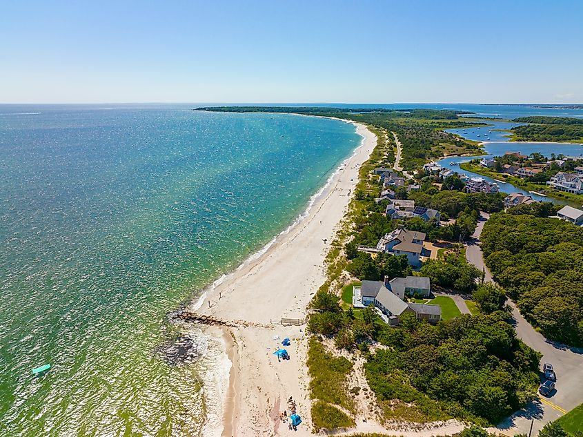 Seagull Beach aerial view in summer in West Yarmouth, Cape Cod, Massachusetts MA, USA.
