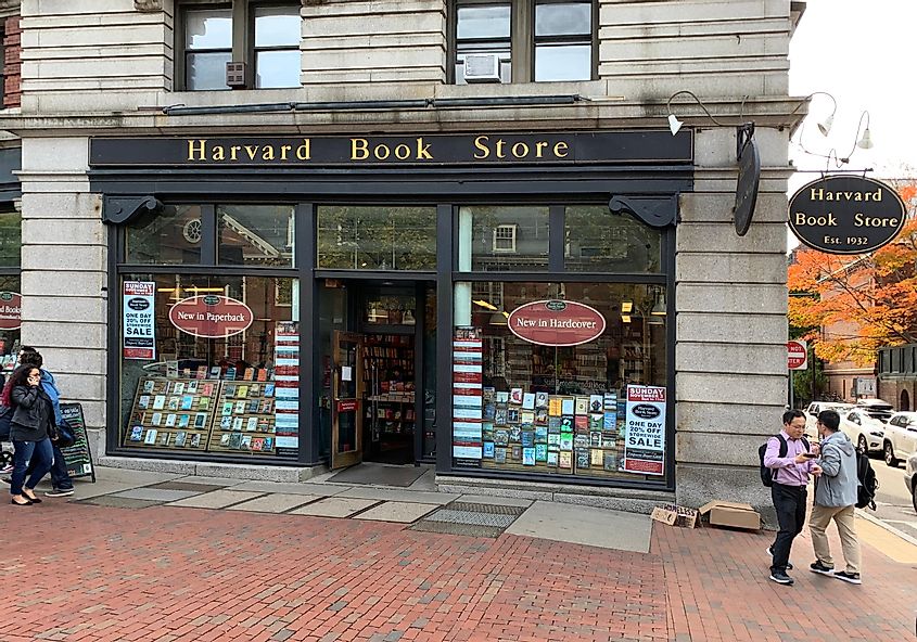 Harvard book store front. This is a book store near Harvard University selling new and used books since 1932, via m_sovinskii / Shutterstock.com