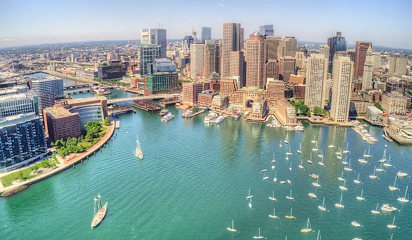 Boston, Massachusetts Skyline from above by Drone during Summer Time