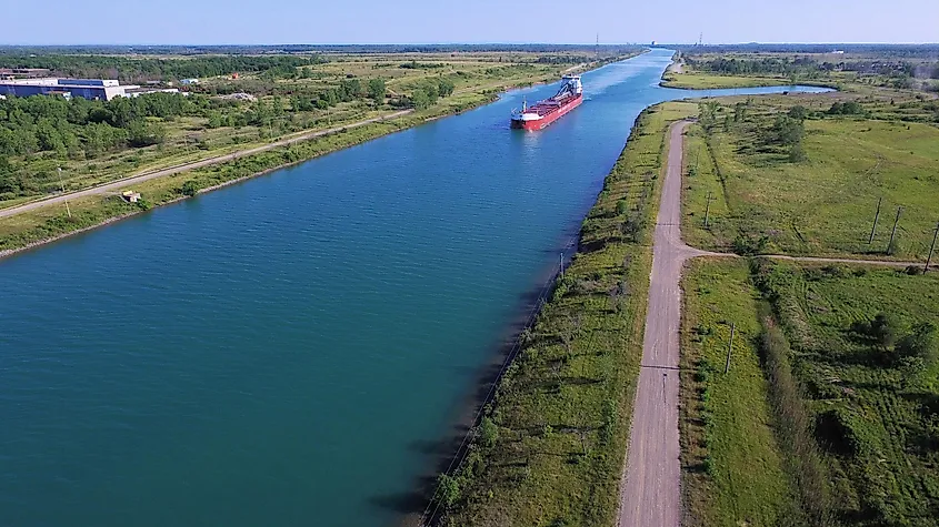 A ship channel on the Welland Canal in Ontario, Canada.