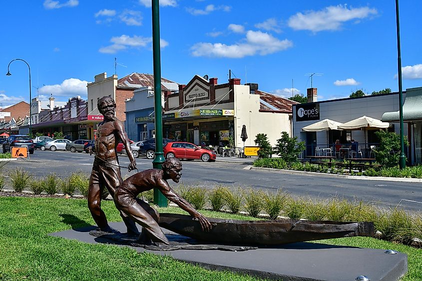 Sculpture in honor for two Aborigines who saved the townsfolk from flood in 1852 in the village in New South Wales, on November 01, 2017 in Gundagai, Australia
