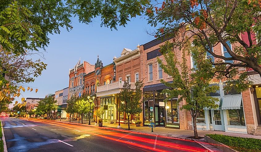 Provo, Utah, downtown on Center Street at dusk.