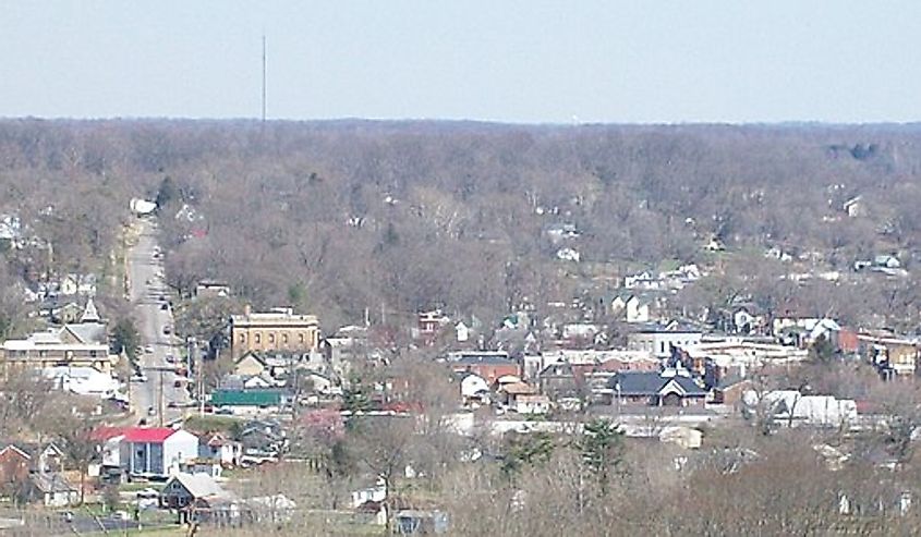 An image of downtown Corydon, Indiana, viewed from the Pilot Knob in the Hayswood Nature Reserve on the west side of the town.