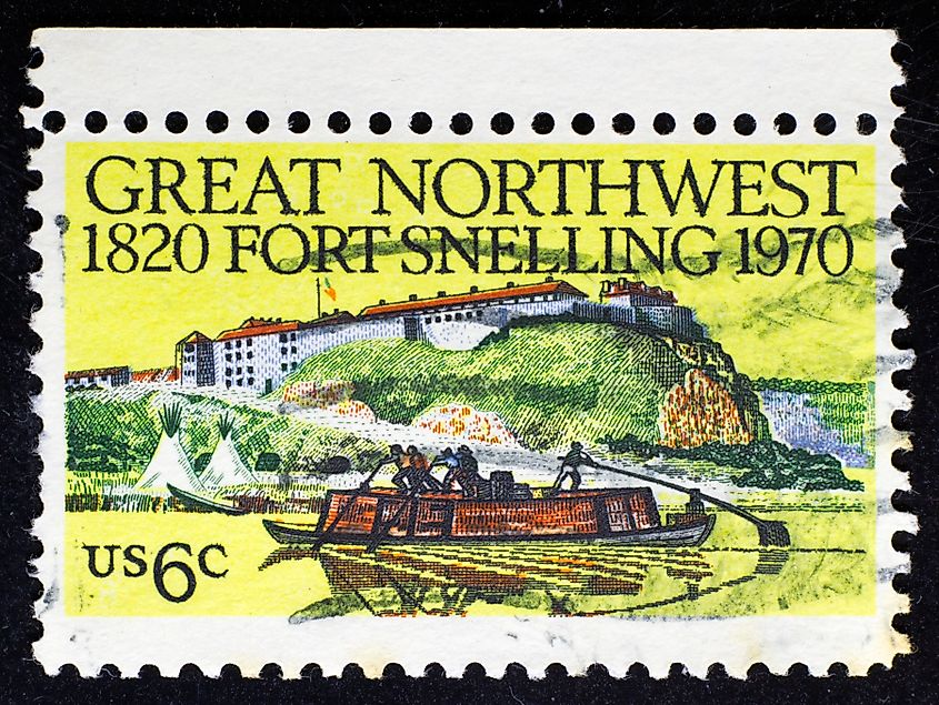 Vintage stamp printed in United States of America shows 150th Anniversary of Fort Snelling, Minnesota