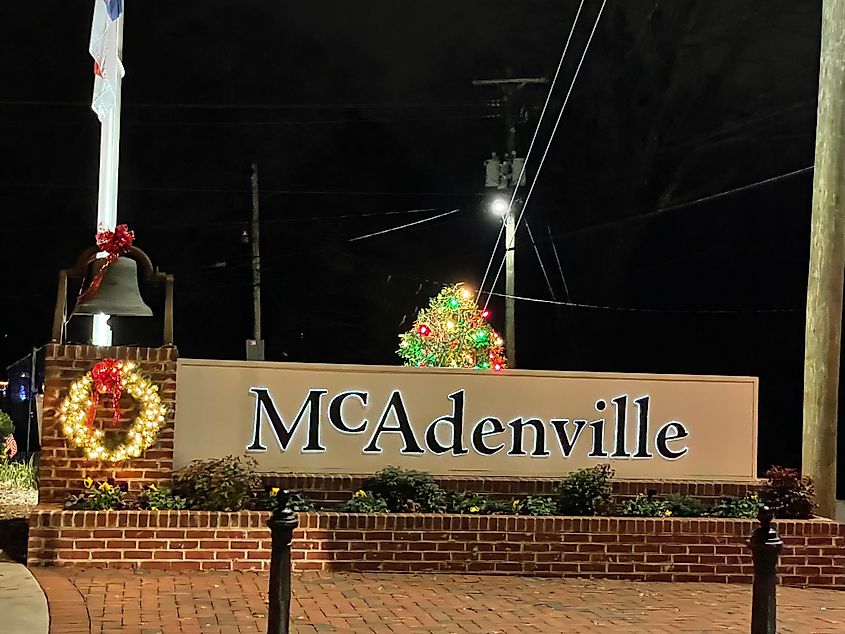 McAdenville town sign at night.