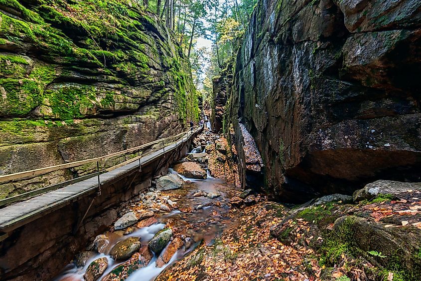 Wooden walkway and steps along the Flume Gorge in Franconia Notch State Park, New Hampshire