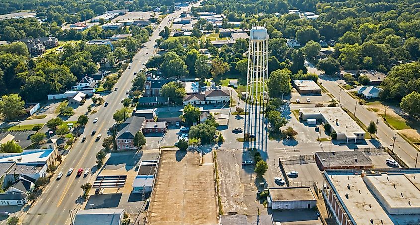 Aerial view of downtown Camden, South Carolina.