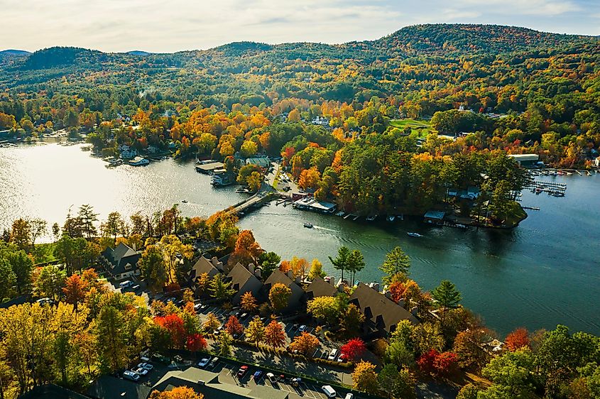 Fall foliage by Lake George at sunset.